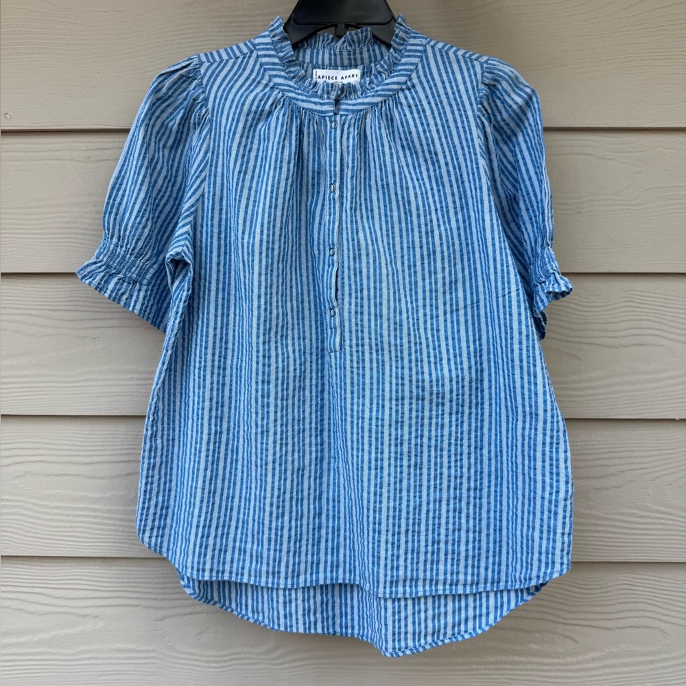 Apiece Apart Los Altos Top Blue Seersucker Stripe Puff Sleeve Henley - Picture 3 of 13